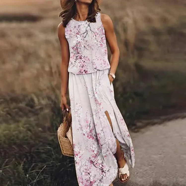 Comstylish Fashionable Floral Comfortable Loose Fitting Sleeveless Slit  Maxi Dress