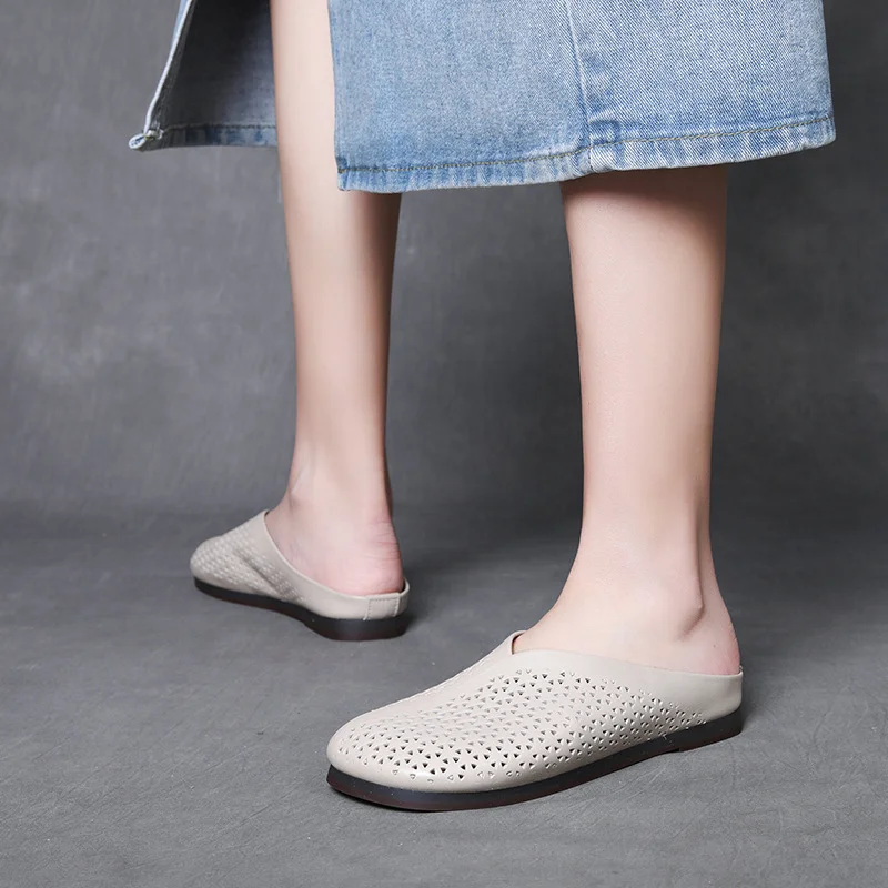 Yyvonne Layer Of Cow Skin Retro One Foot Soft-Soled Slippers Women 2025 Summer New Comfortable Outer Hollow Hole Shoes