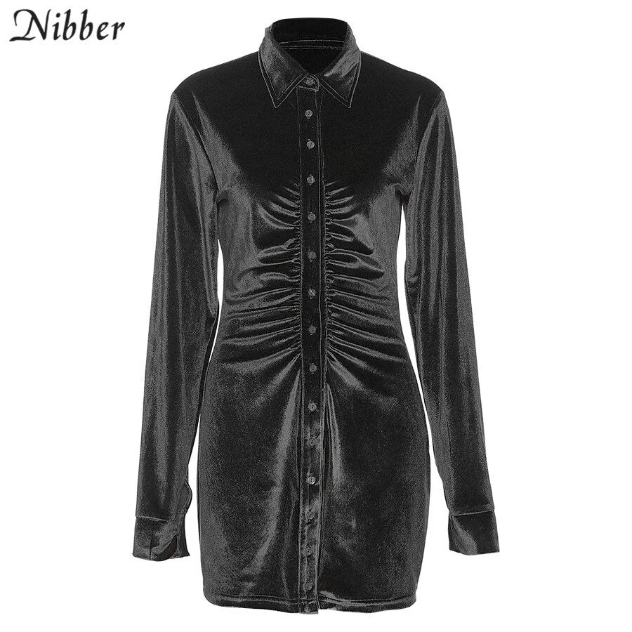 Nibber Basic Design Flannel Pleated Bodycon Dresses For Women Enegant Party Street Casual Long Sleeve Mini Dress Female 2021 New