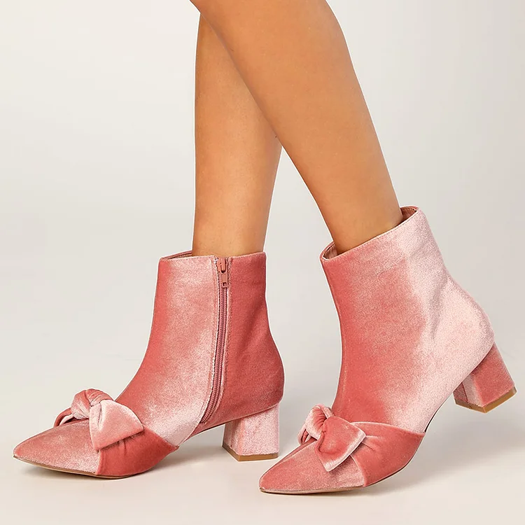 Woman's Pink Velvet Bow Boots Low Chunky Almond Toe Ankle Boots |FSJ Shoes