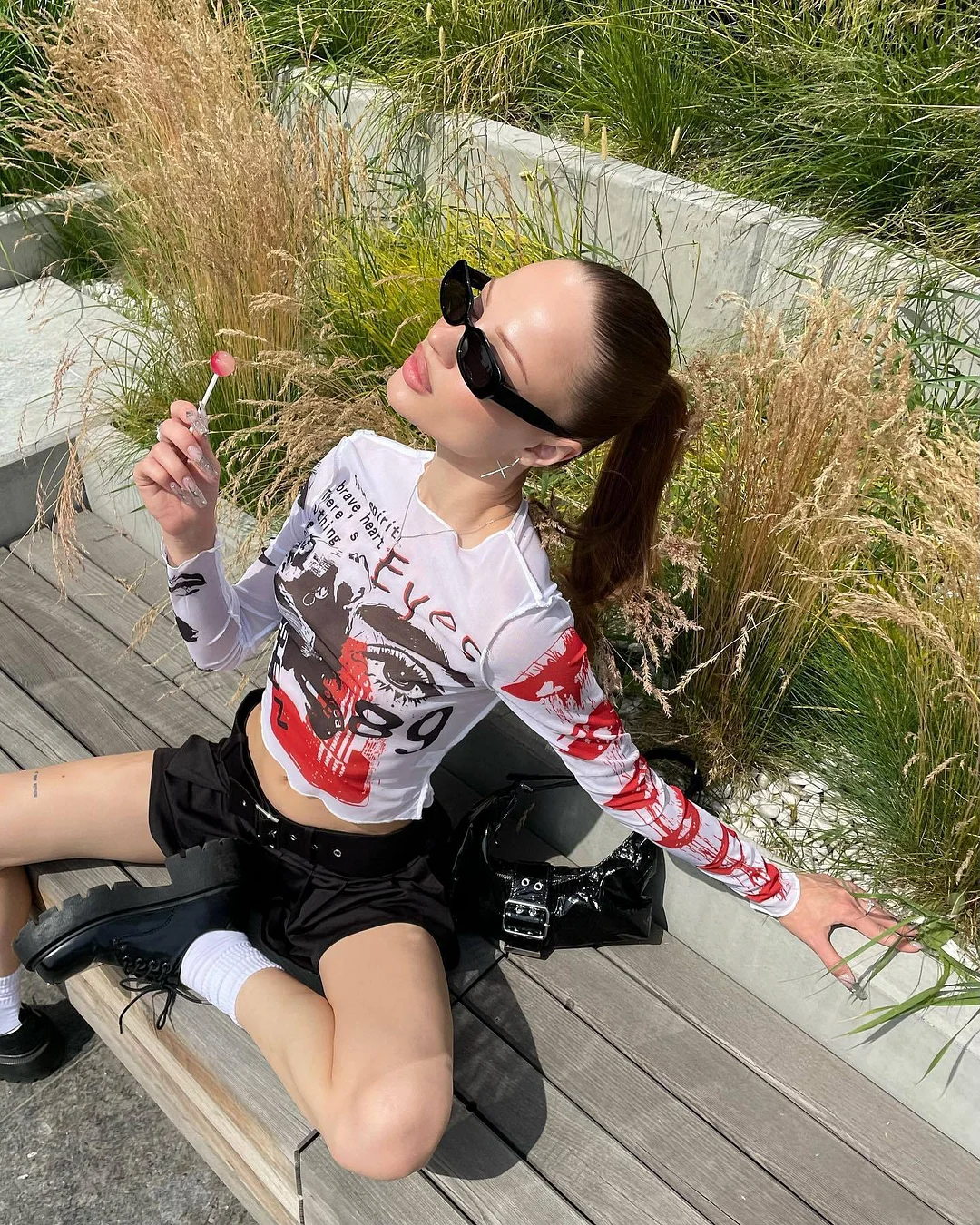 Brownm Spring 2024 New Round Collar Collar Long-Sleeved Mesh Printing Umbilical Casual Women's Top