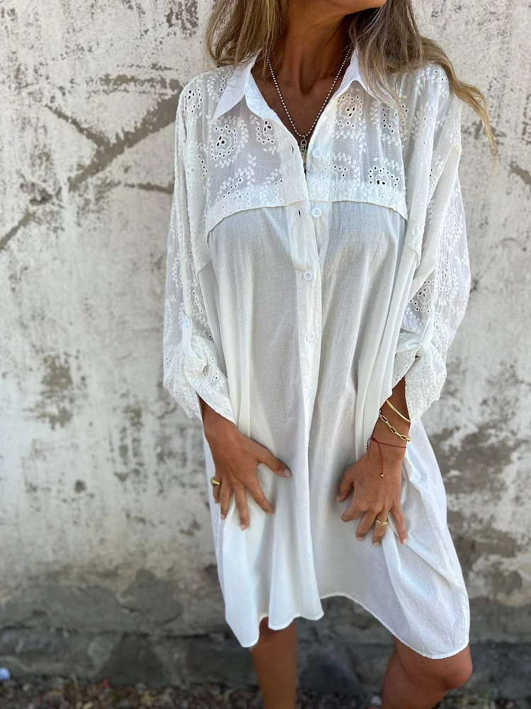 Long-sleeved Cotton Linen MIDI with Cut-out Embroidery Button Lapel