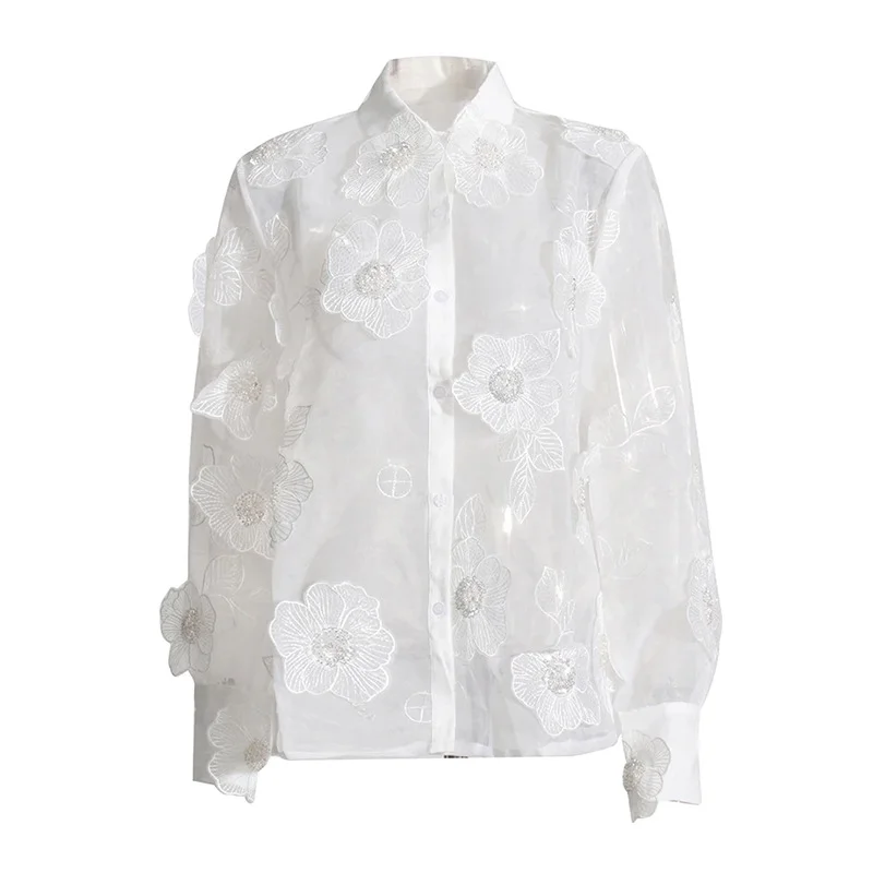 Toloer Toloer Retro Versatile Top Fall 2024 New Three-Dimensional Flower Embroidery Design Loose Mesh Perspective Shirt-Outfit Ideas