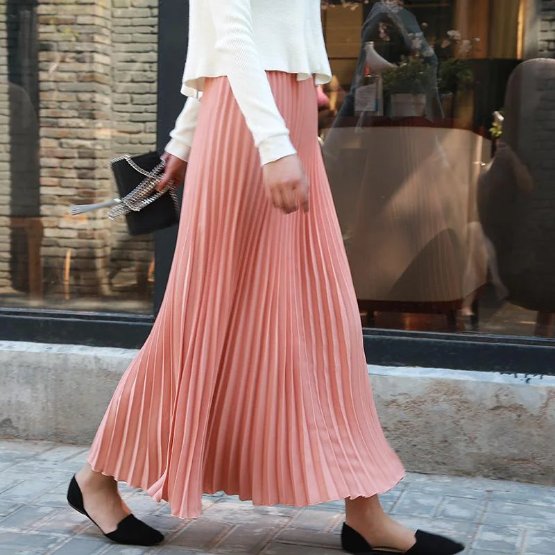 Womens Vintage Pleated Midi Long Skirt Female Korean Casual High Waist Chiffon Skirts Jupe Faldas Autumn