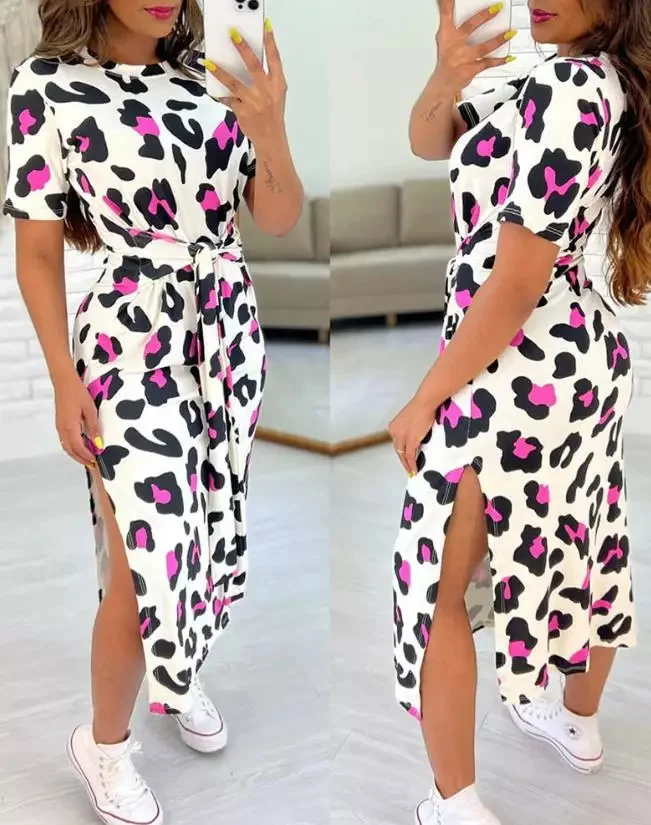 Mongw Mongw Round Neck Short Sleeve Slit A-Line Dress Tie Print Women's Dress
