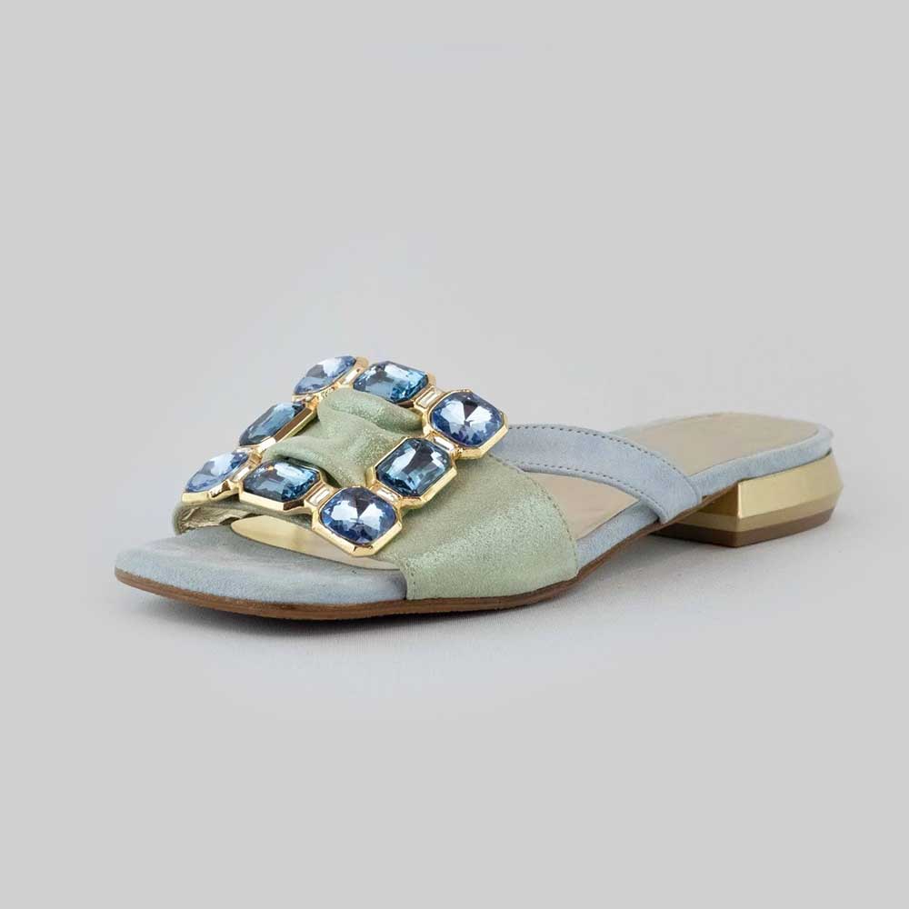 Light Green & Blue Square Toe Low Heel Rhinestone Decor Women Sandals Nicepairs