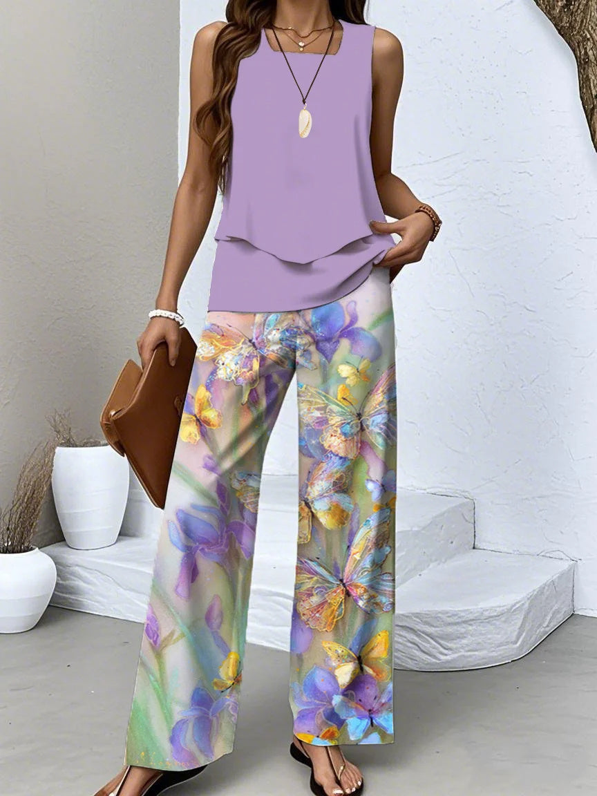 Women's Sleeveless Square Collar Graphic Printed Casual Set