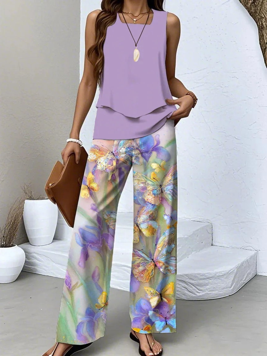 Women's Sleeveless Square Collar Graphic Printed Casual Set