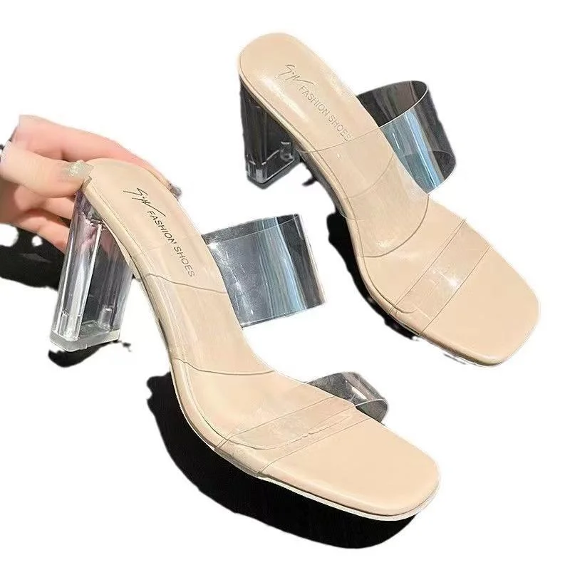 Breakj Breakj Transparent High-Heeled Women 2025 Summer Fashion New Word With High-Heeled Slippers Crystal And Coarse Heel Sandals