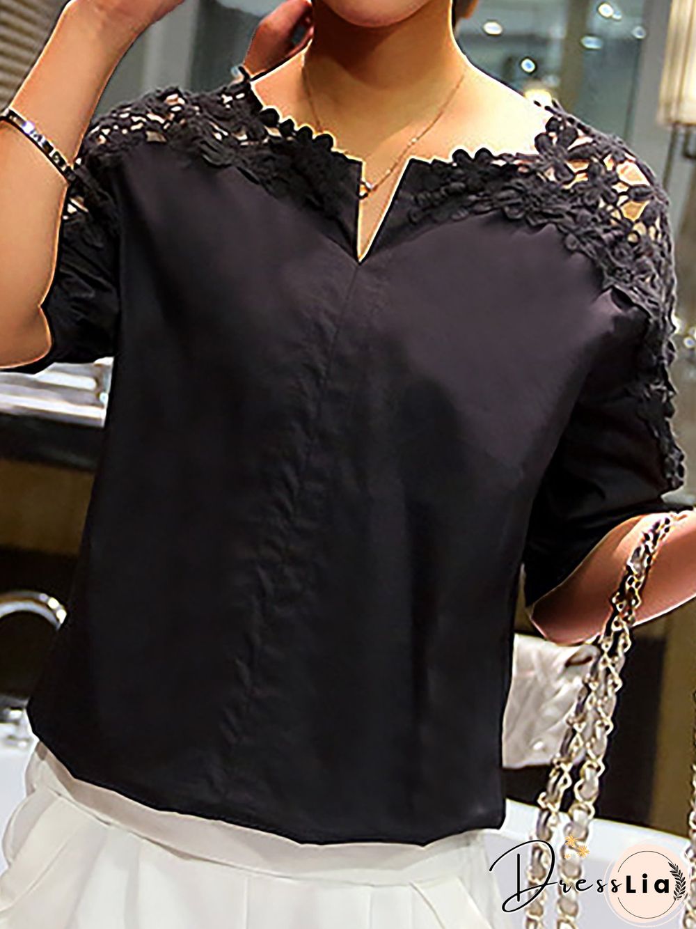 Lace Half Sleeves Notched Neck Solid Sweet Casual Shirts & Tops