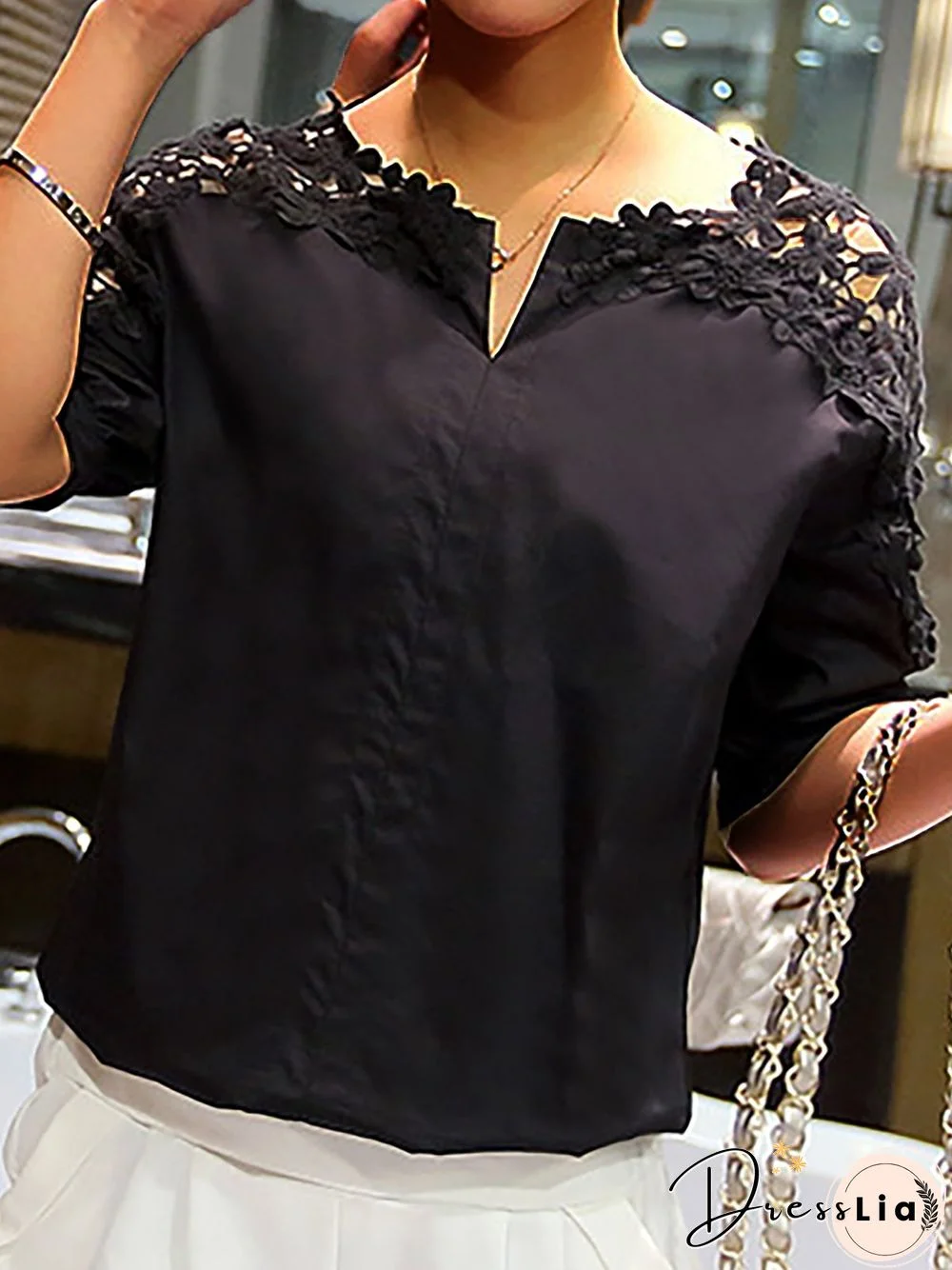 Lace Half Sleeves Notched Neck Solid Sweet Casual Shirts & Tops