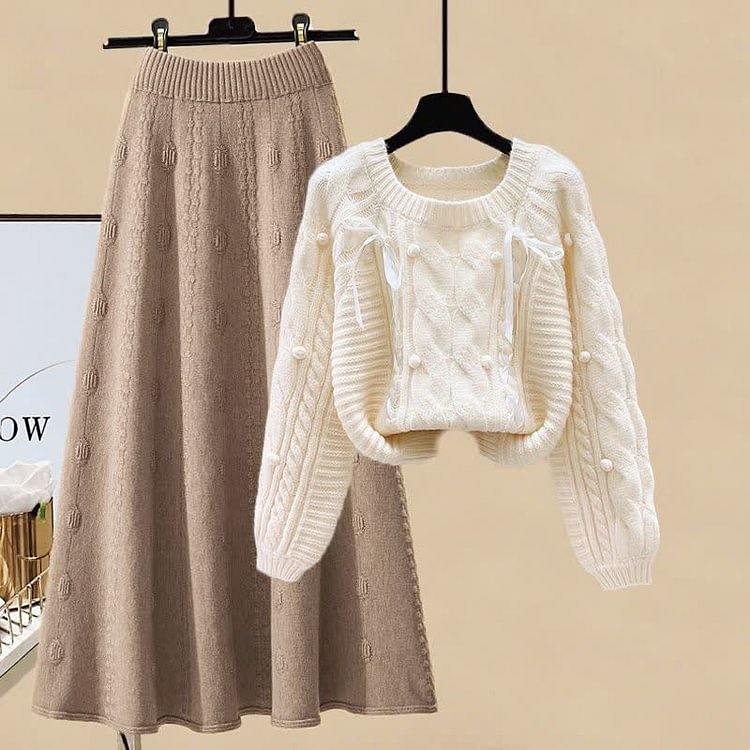 Pills Decor Cable Knit Sweater Skirt Two Piece Set