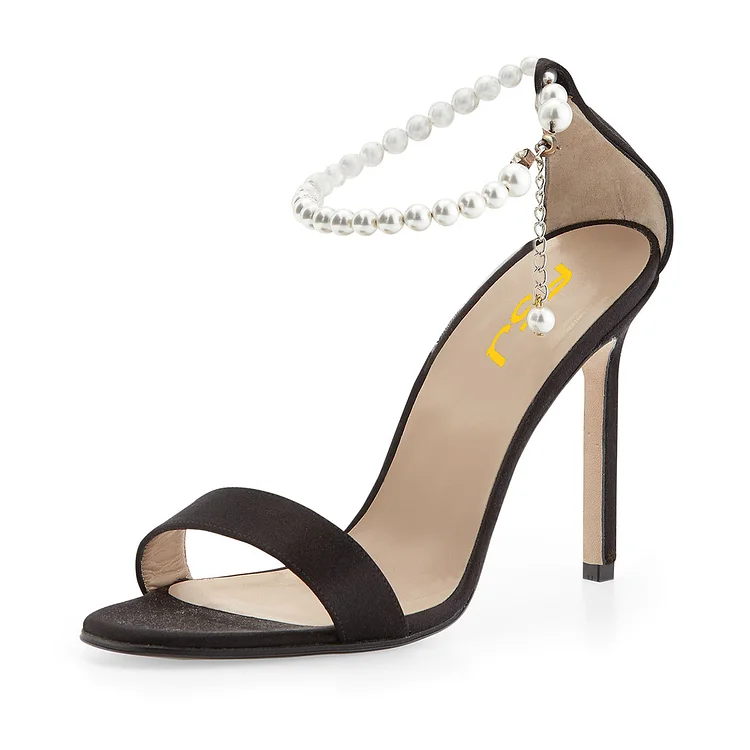 Women's Black Pearl Stiletto Heels Open Toe Ankle Strap Sandals |FSJ Shoes