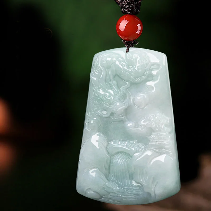 Chinese Zodiac Dragon Jade Mountain River Luck Necklace String Pendant