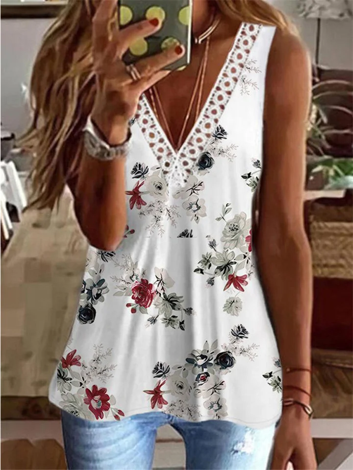 Women's Tank Top Black White Red Floral Lace Trims Print Sleeveless Holiday Weekend Basic V Neck Regular Floral S-Cosfine