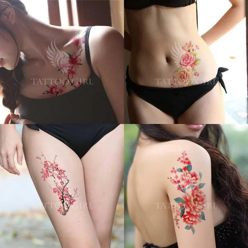 1piece Body art flash henna tattoo fake temporary tattoos stickers rose peony flowers arm shoulder tattoo waterproof women