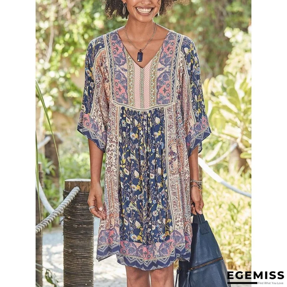 Printed Bohemian V-Neck Short Dress | EGEMISS