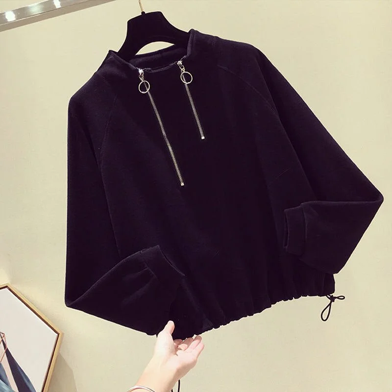 Vintage Oversized Women's Sweatshirt Zipper Hoodie Korean Fashion Thicken Warm Fleece Tunic Winter Clothes 2020