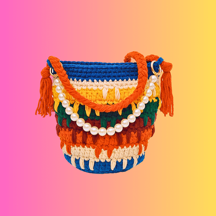 Lulusnow Handmade Multicolor Pearl Casual Travel Beach Crochet Bucket Bag