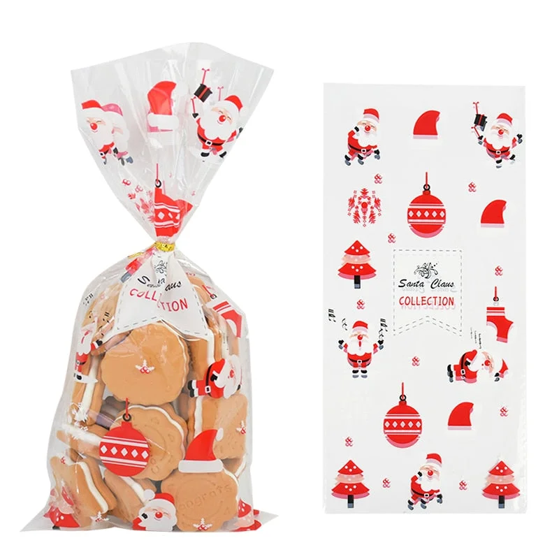 50pcs Santa Claus Christmas Tree Elk PVC Bags Transparent Clear Gift Bag for Christmas Gift Baking Candy Cookie Packaging Bags