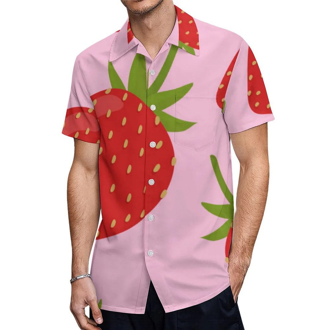 Short Sleeve Girly Red Pink Retro Strawberry Hawaiian Shirt Mens Button Down Plus Size Tropical Hawaii Beach Shirts