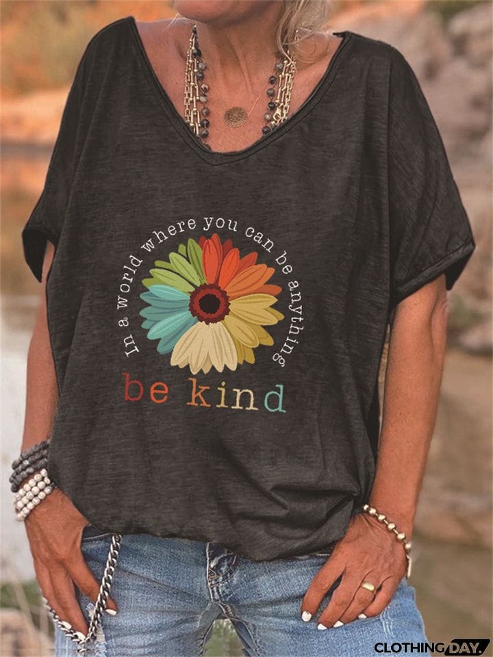 Women&rsquo;s Colorful Sunflower Print V Neck T-shirt