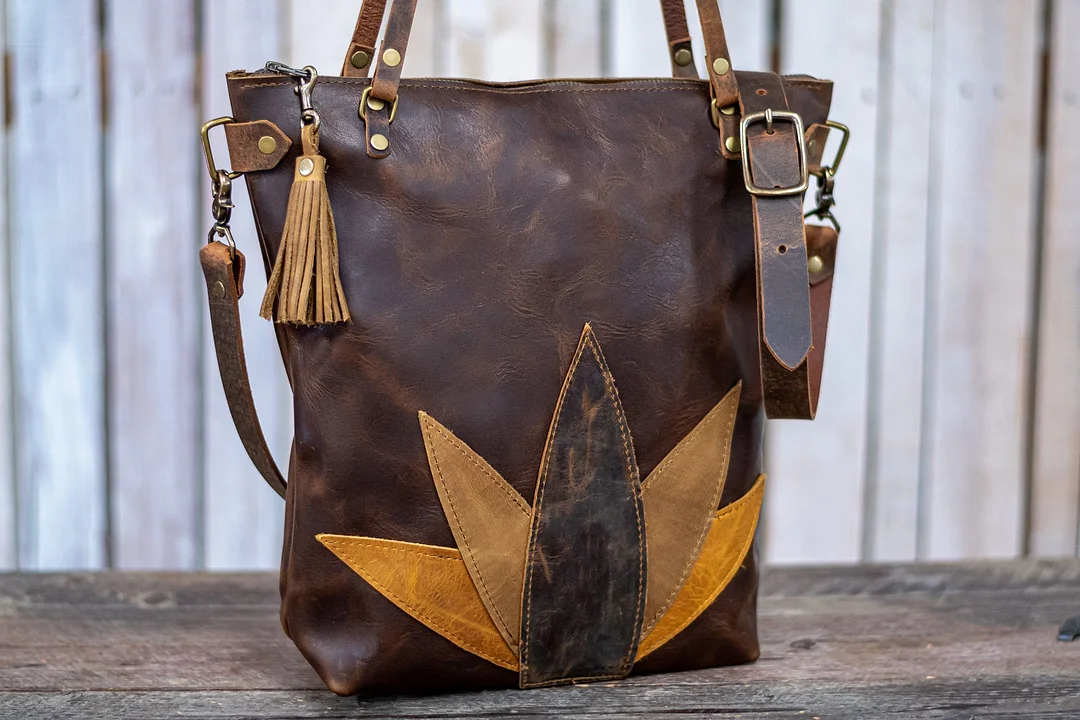 Classic Leather Botanical Tote Bag | Handmade Leather Purse | Large Leather Handbag | The Tall Tote Botanical