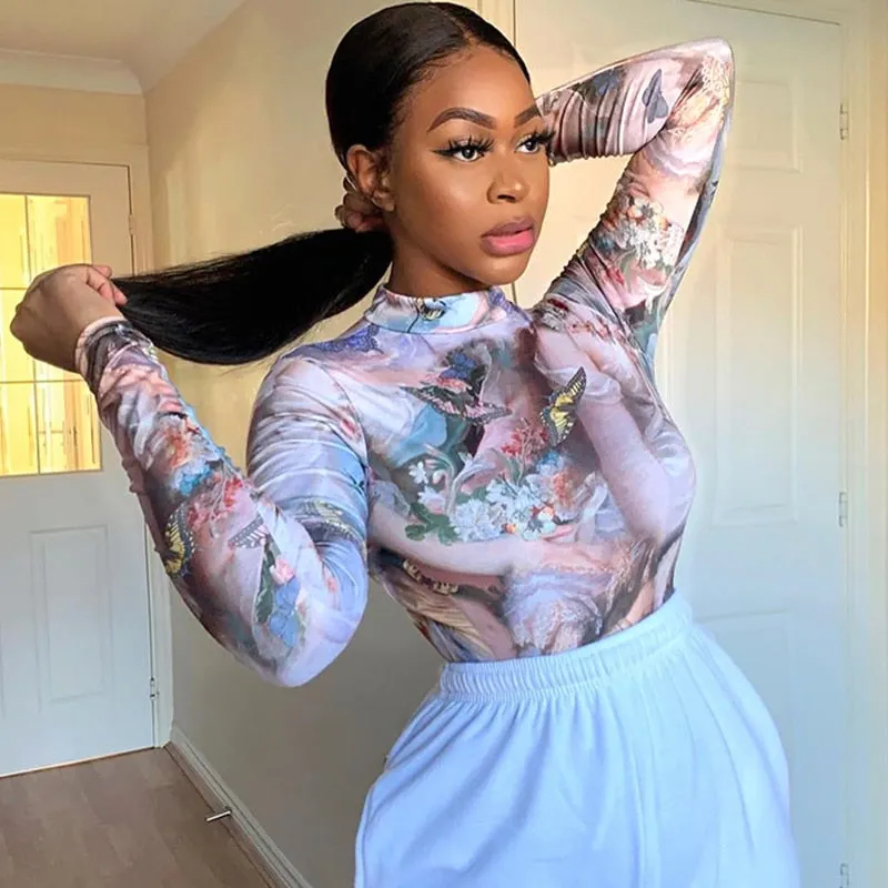 Hawthaw Women Autumn Fashion Long Sleeve Painting Printed Skinny Slim O Neck Bodysuit Romper Playsuit 2020 Fall Clothes