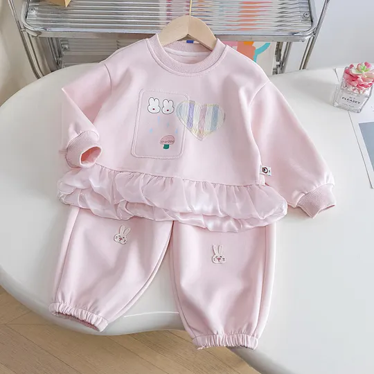 【18M-9Y】2-piece Girls Cartoon Rabbit Print Sweatshirt And Pants Set