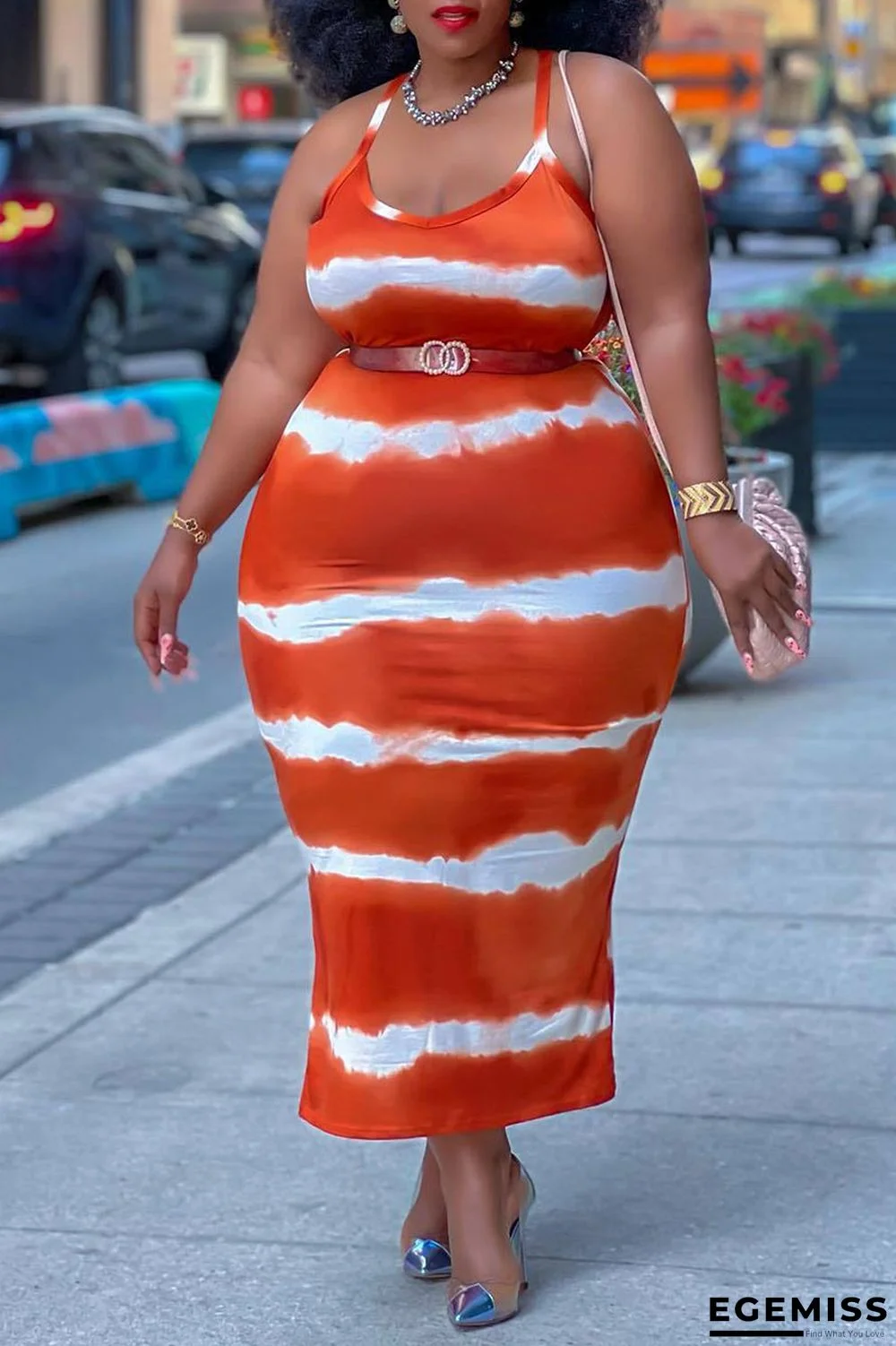 Tangerine Casual Striped Print Patchwork Spaghetti Strap Sling Dress Plus Size Dresses (Without Belt) | EGEMISS