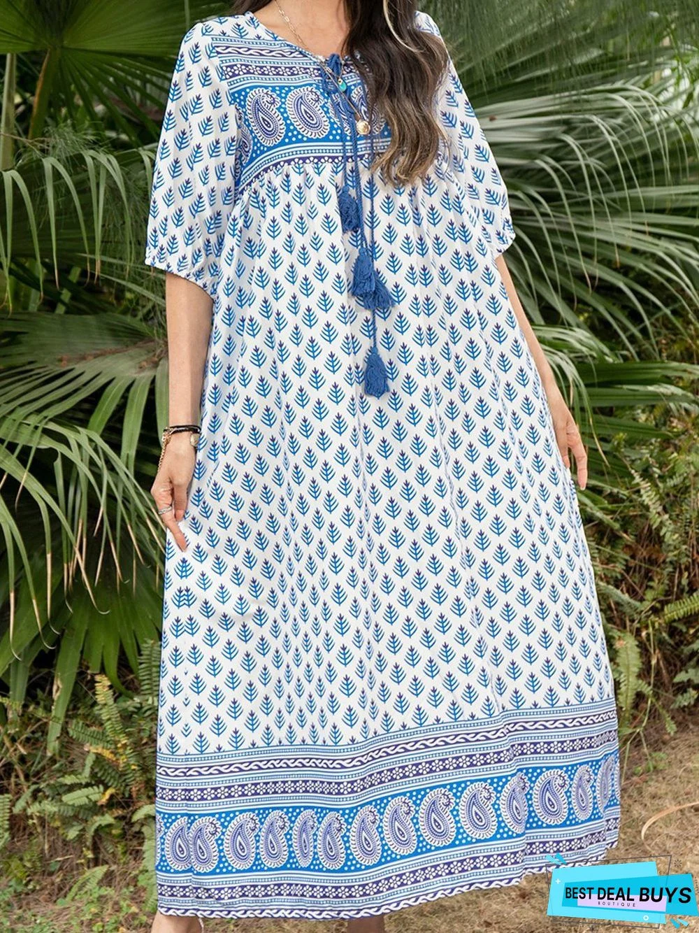 Floral V Neck Half Sleeve Cotton Weaving Dress