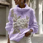 Women's Vintage White Rose Chunky Knit Turtleneck Sweater - Image 3