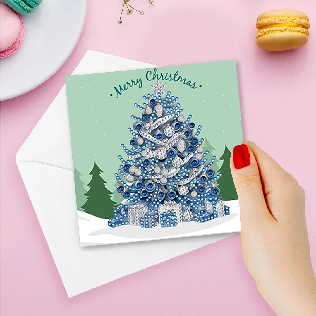 8pcs DIY Christmas Tree DIY Diamond Painting Greeting Card for Friends Family Gift【With White Envelope】