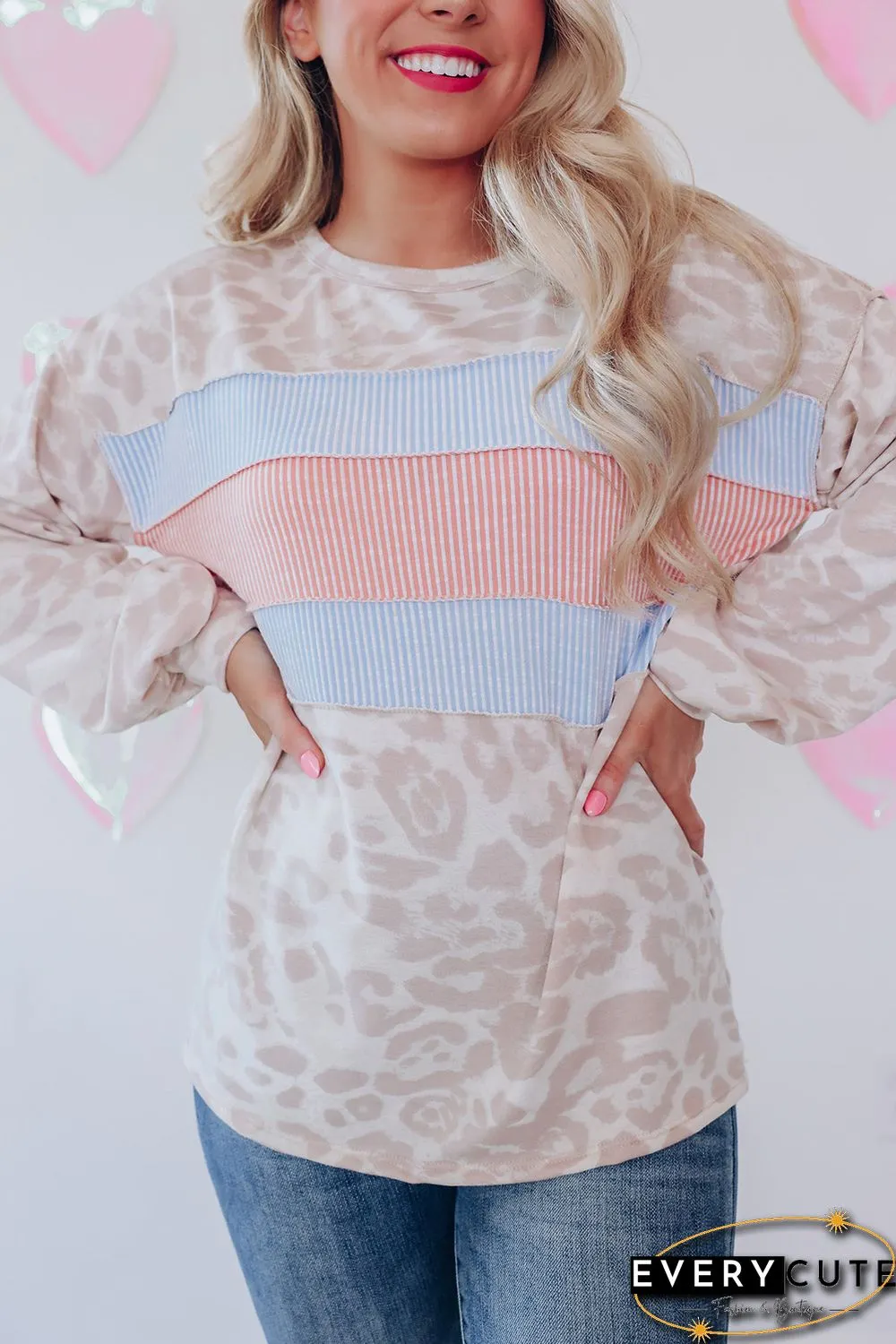 Leopard Animal Print Contrast Stripes Patchwork Puff Sleeve Knit Top