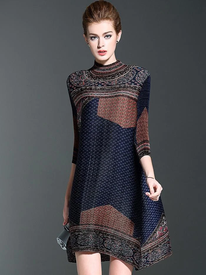 Fashion printed three-quarter sleeve loose stretch pleated dress
