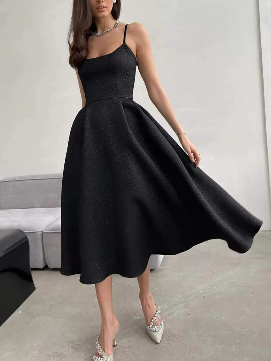 Shiny Black Midi Sling A-Line Dress