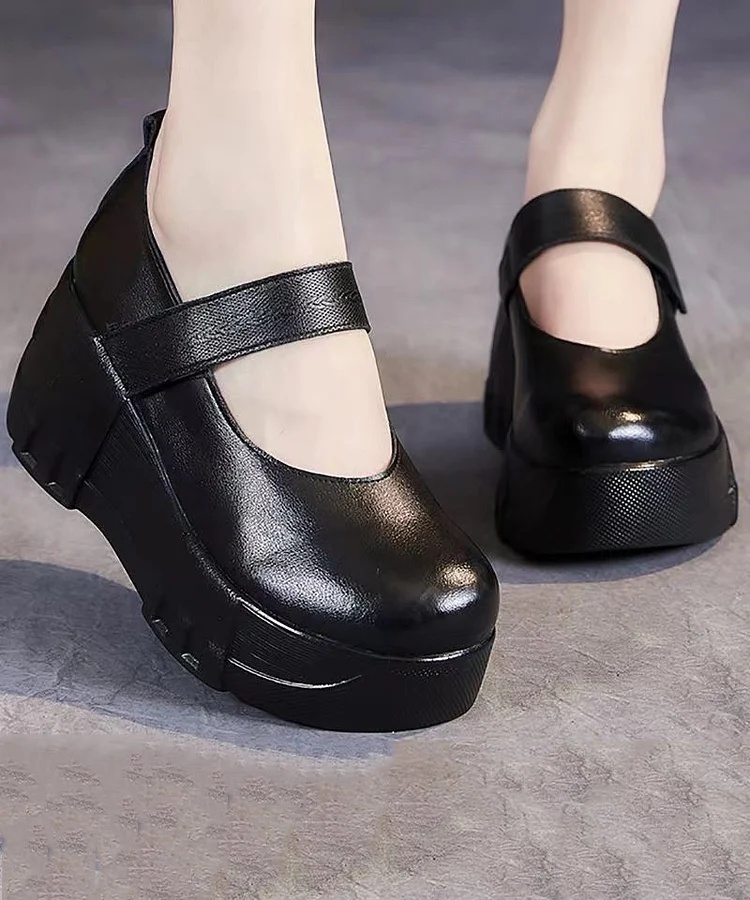 Elegant Black Cowhide Leather Buckle Strap High Wedge Heels Shoes