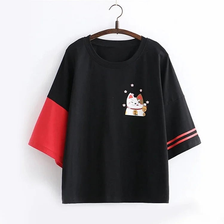 Lucky Cat Print Color Block T-shirt