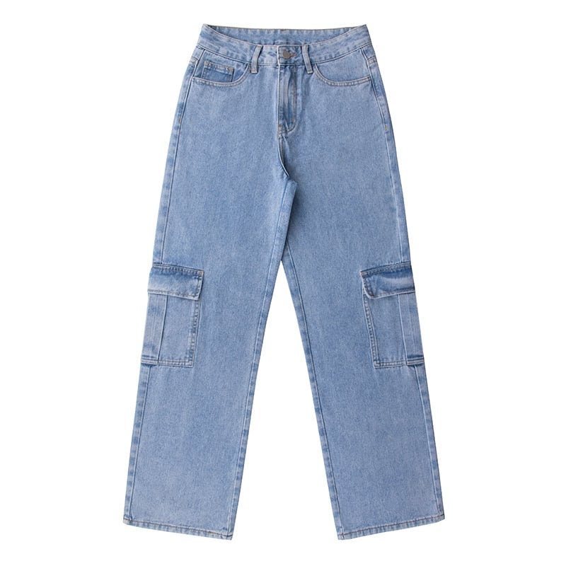 Brown Cargo Pants Pockets Overalls Patchwork Baggy Jeans Fashion Streetwear Women Straight Denim Trouser Loose Pants Korean Jean