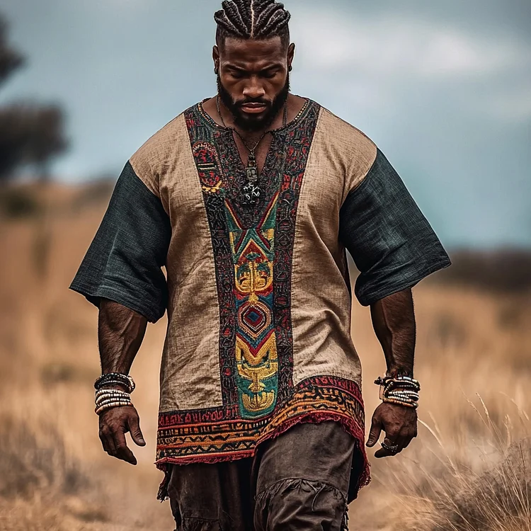 Men's African Ethnic Geometric Art Color Block Casual Linen Shirt