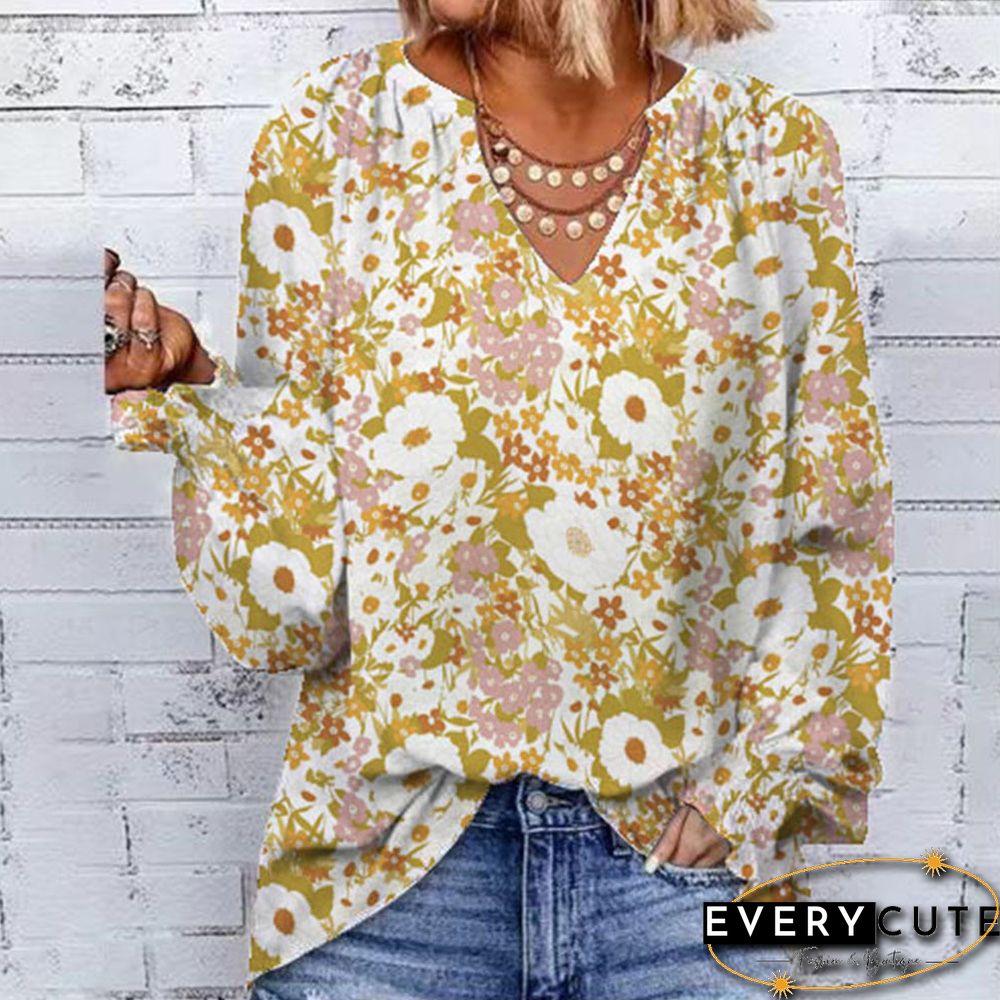 Yellow Floral Print Long Sleeve V Neck Blouse