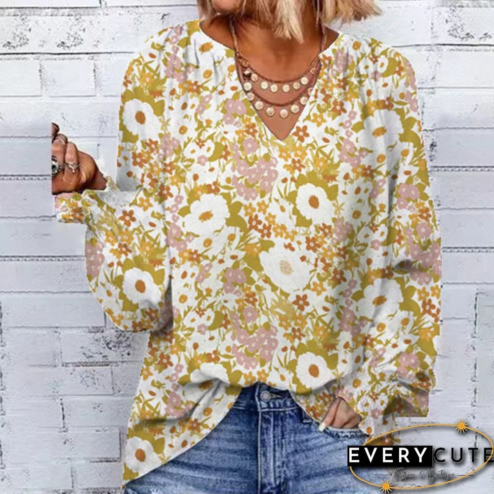 Yellow Floral Print Long Sleeve V Neck Blouse
