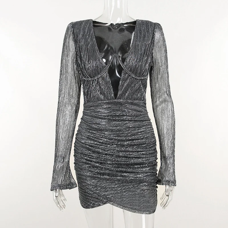 Colourp Cocktail Party Dress Women Long Sleeve Ruched Bodycon Mini Dress Sexy Glitter Night Club Birthday Dress