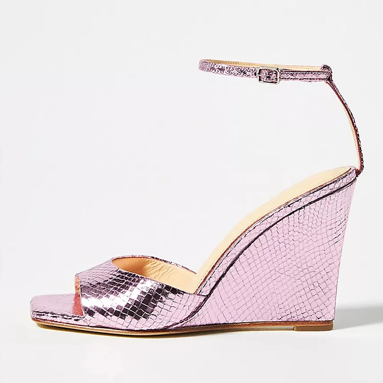 Purple Square Toe Wedges Ankle Strap Heels Fish Scales Design Sandals |FSJ Shoes
