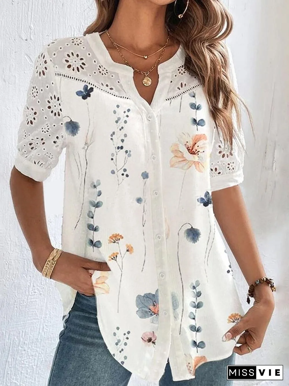 Lace Cut Out Fashionable Breasted Lapel Short Sleeved Shirt