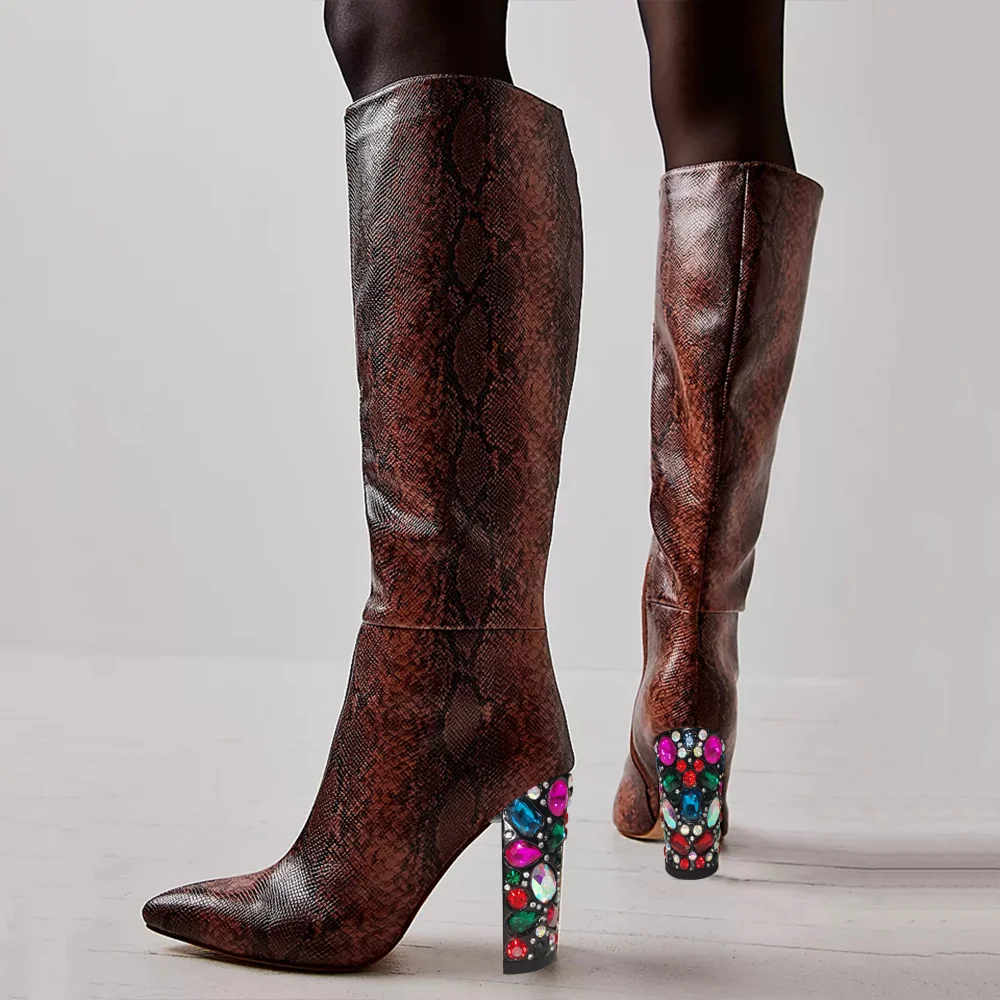 Snakeskin Pattern Thigh Knee High Boots With Diamond Heel