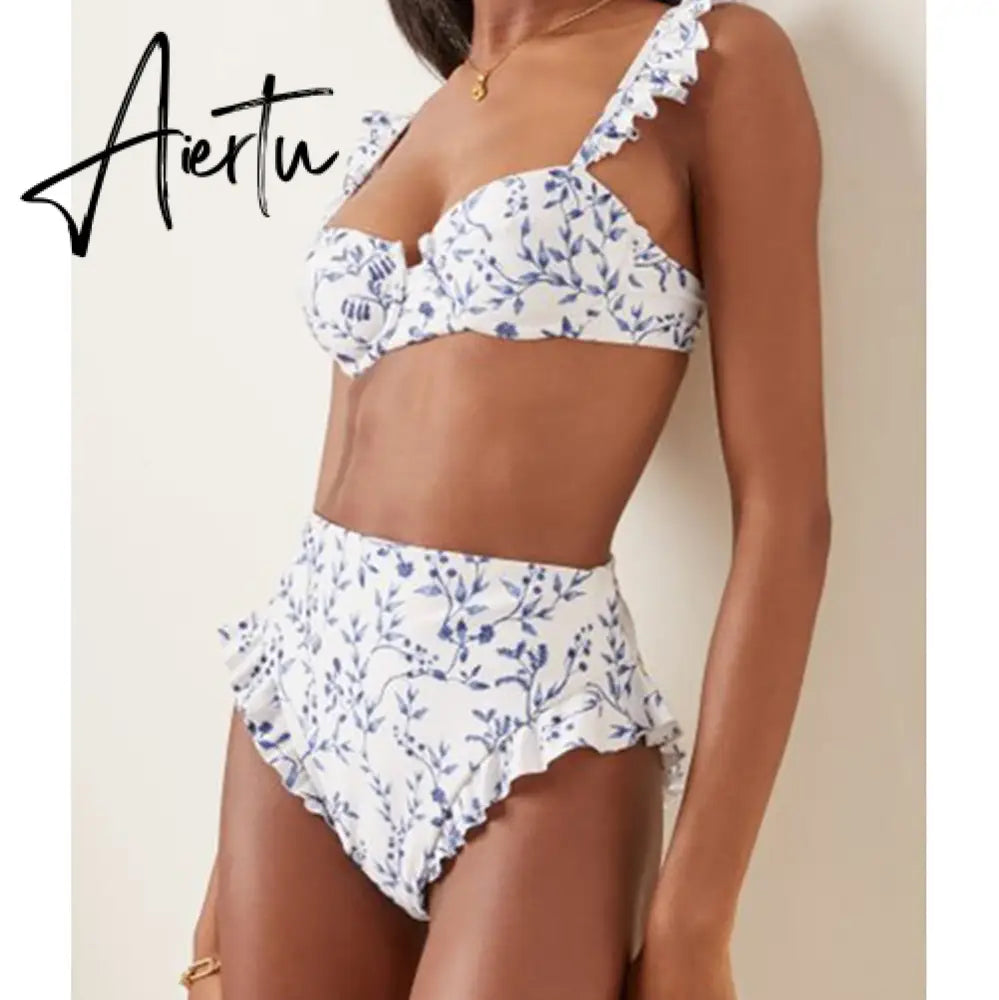 Sexy Printed Bikini Ruffle Swimsuit Two-piece Push Up High Waist Swimwear Triangle Swimming Biquini Beach Dress Summer Beachwear Aiertu