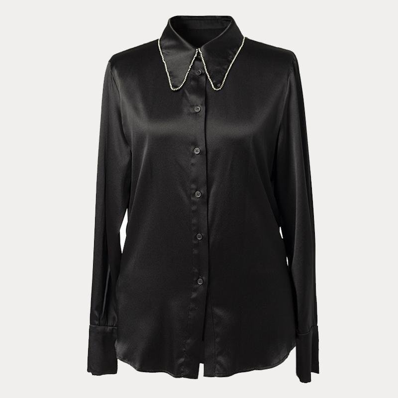 Women Black Turndown Collar Faisonable Silk Shirt-Real Silk Life