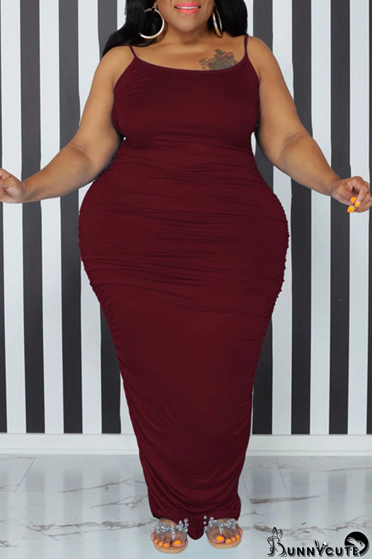 Burgundy Sexy Solid Patchwork Spaghetti Strap One Step Skirt Plus Size Dresses