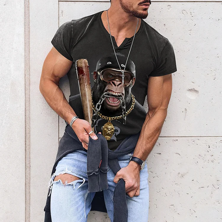 Street Gorilla Print Small V-Neck T-Shirt